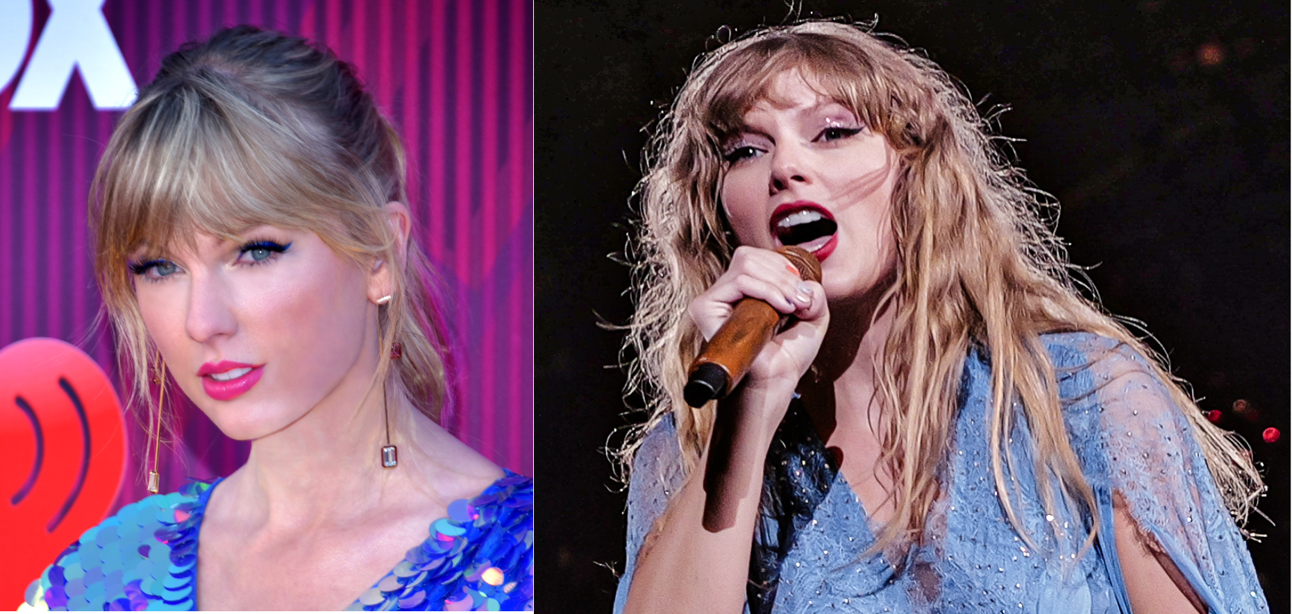 Taylor Swift in a sparkly blue dress and pink lipstick, Taylor Swift in a blue dress
