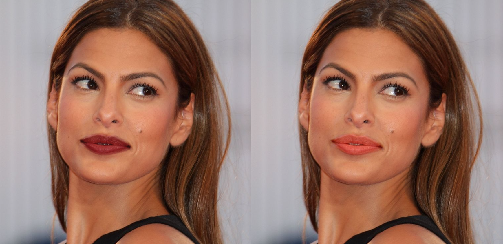 Eva Mendes with terracotta and brick red lipstick