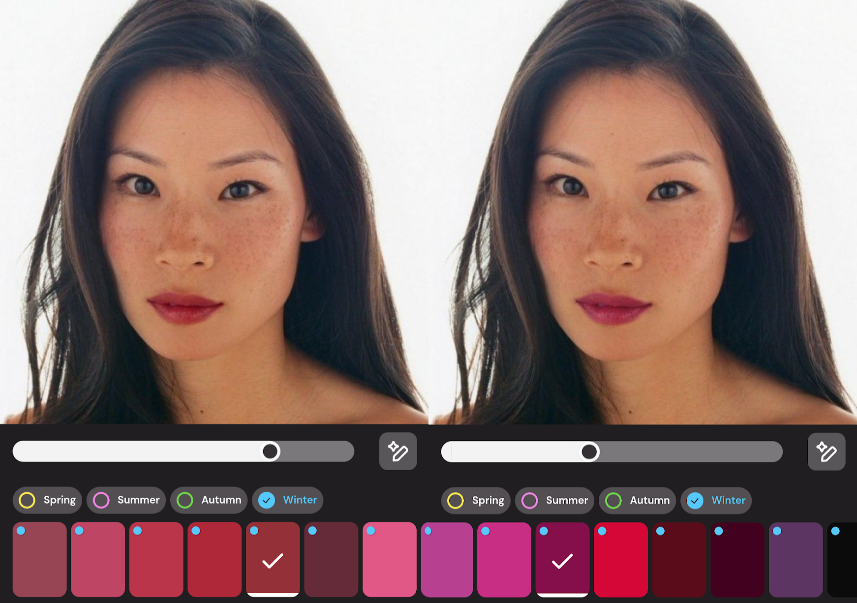 Lucy Liu with different shades of winter lipsticks