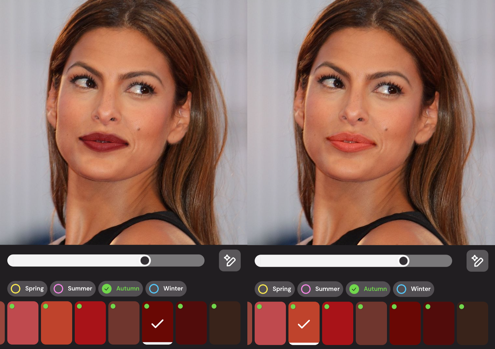 Eva Mendes with digital lipstick drapes: brick red and terracotta