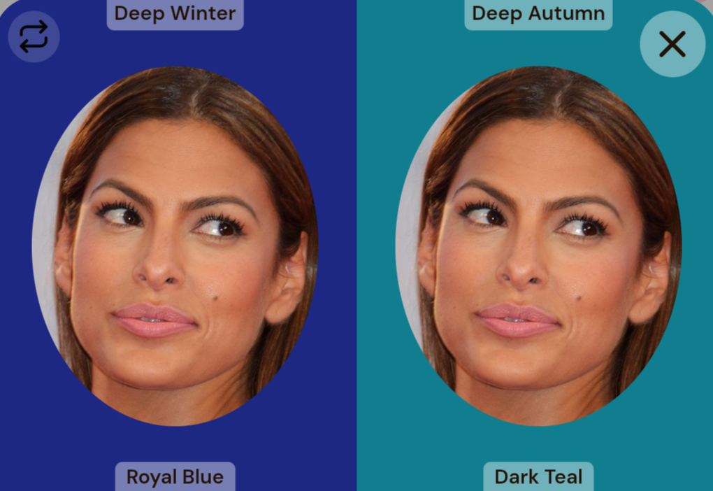 Eva Mendes with digital drapes: royal blue vs dark teal