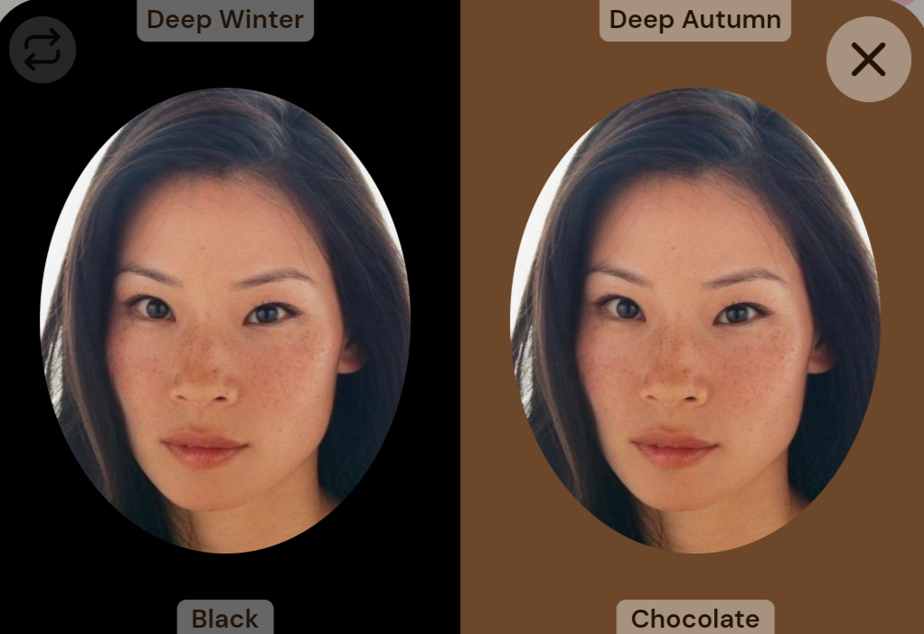 Lucy Liu with digital drapes: black vs chocolate brown