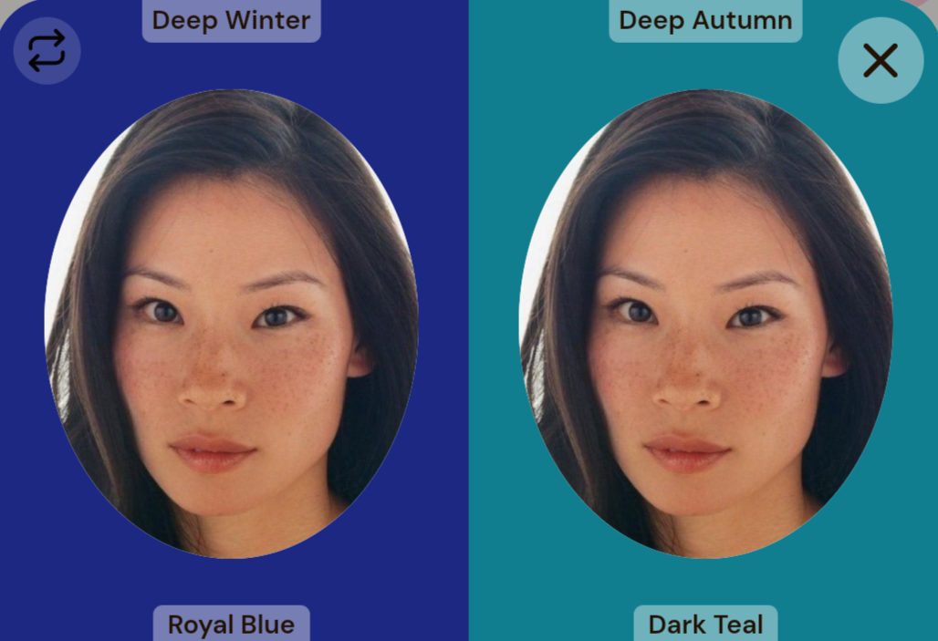 Lucy Liu with digital drapes: royal blue vs dark teal