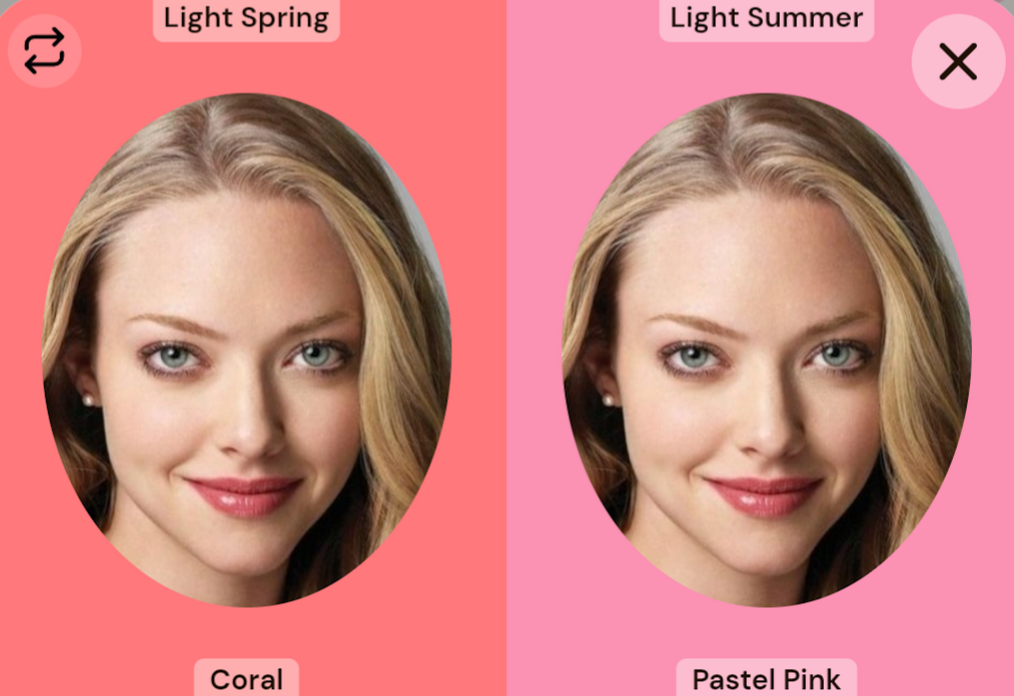 Amanda Seyfried with digital drapes: coral vs pastel pink