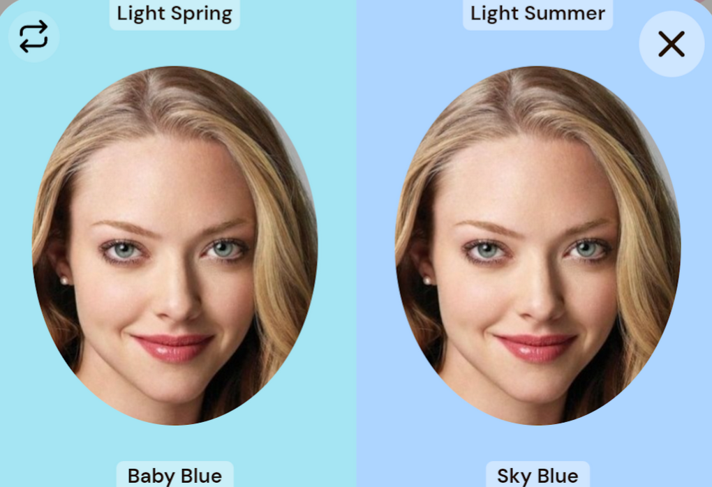 Amanda Seyfried with digital drapes: baby blue vs sky blue