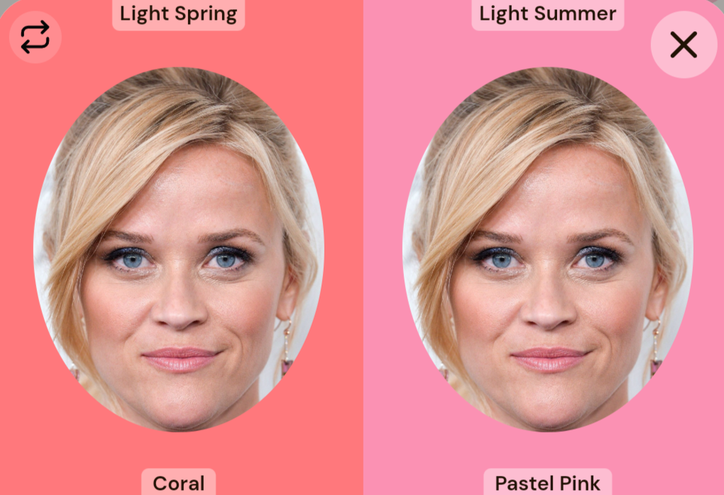 Reese Witherspoon with digital drapes: coral vs pastel pink