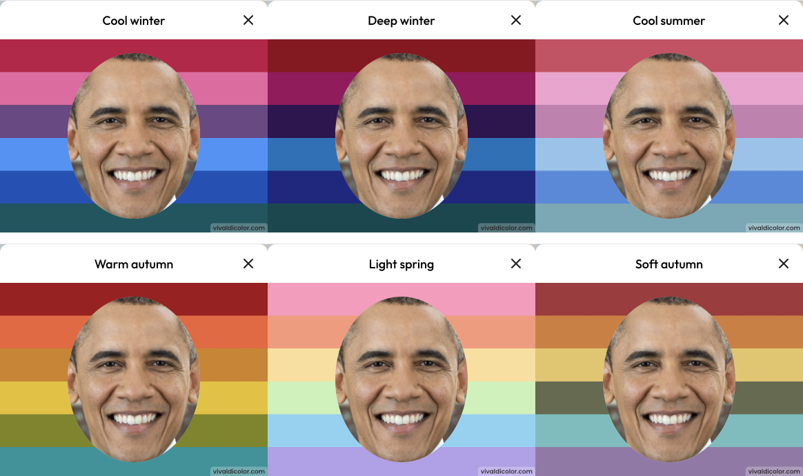 Obama in winter and summer virtual drapes in the top row, and autumn and spring virtual drapes in the bottom row
