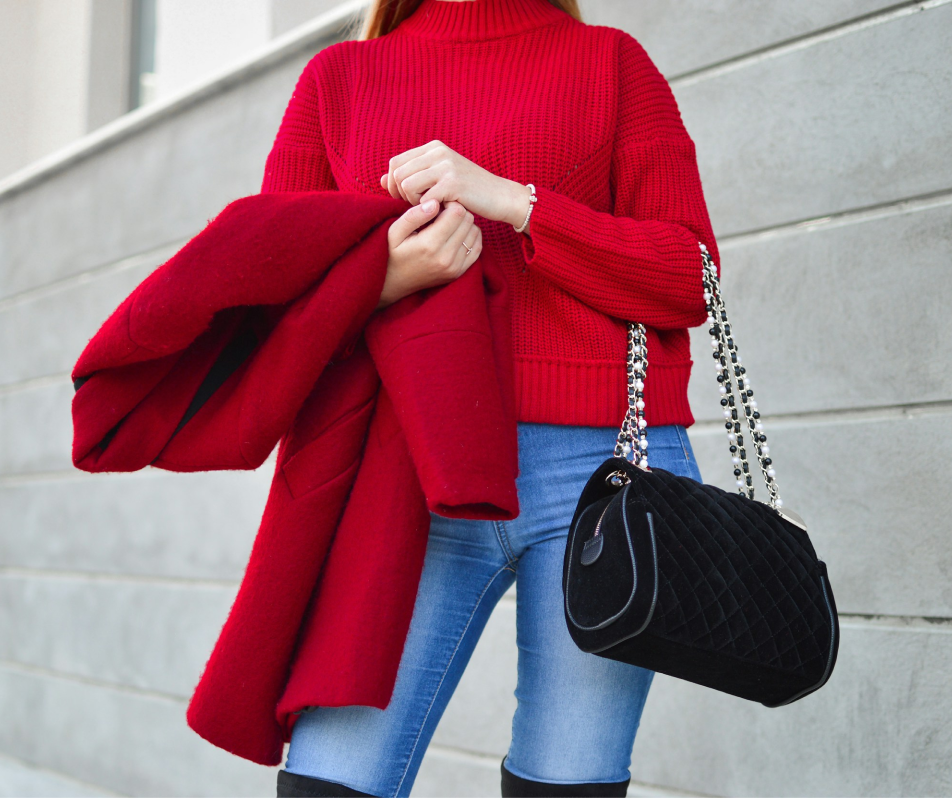 Woman wearing a red sweater