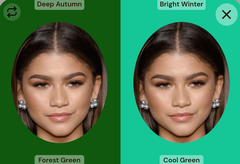 Zendaya in forest green on the left, and emerald green on the right