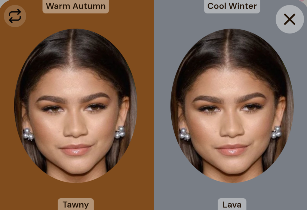 Zendaya in tawny brown on the left, and lava gray on the right