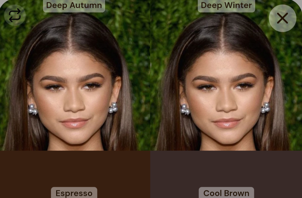 Zendaya in espresso on the left, and cool brown on the right