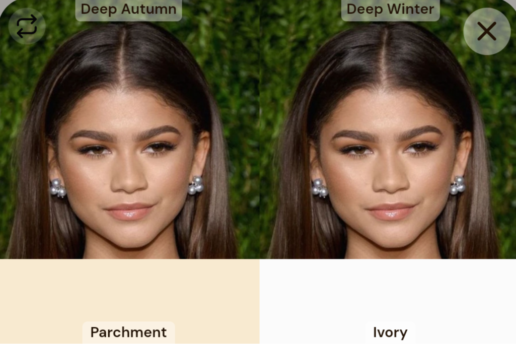 Zendaya in parchment on the left, and ivory on the right