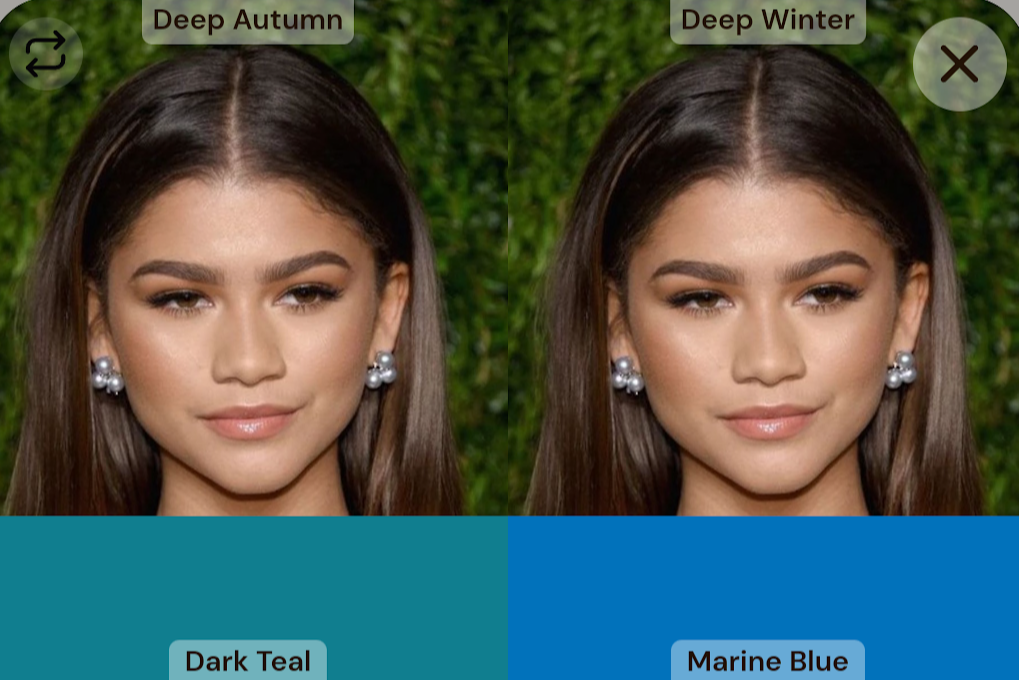 Zendaya in dark teal on the left, and marine blue on the right